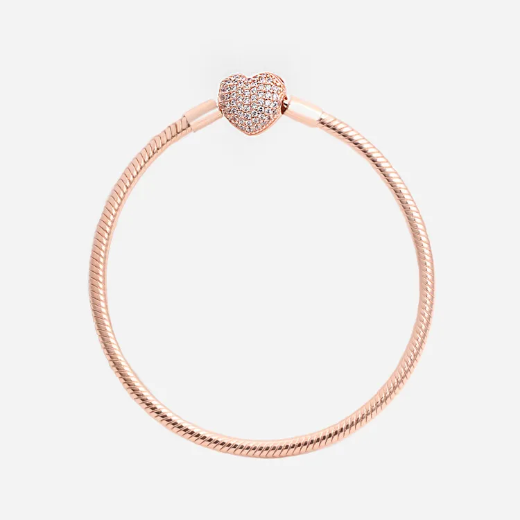 Luxury Fashion 18K Rose gold CZ diamond Heart Bracelets Original box for Pandora 925 Silver Smooth Snake Chain Bracelet