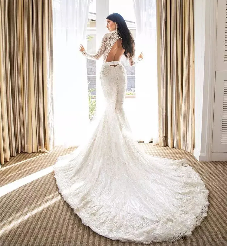 Robes de mariée sirène à col haut 2018 toute nouvelle mode manches longues perles appliques robes de mariée sexy dos nu dentelle longue robe de mariée