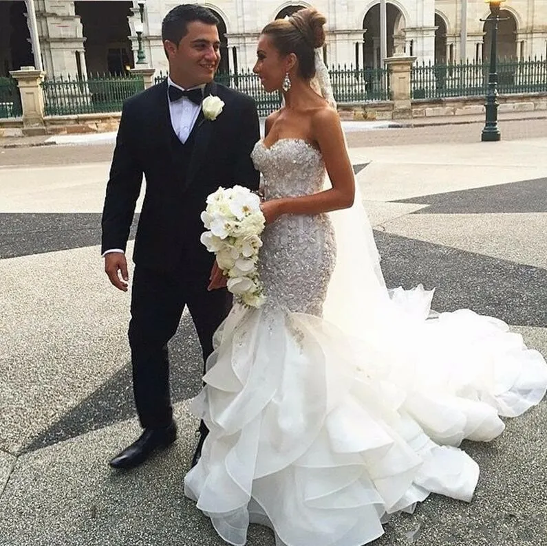 2018 Robes De Mariée Sirène Chérie Volants À Volants Organza Dentelle Appliques Perlé Cristal Corset Corsage Top Long Plus La Taille Robes De Mariée