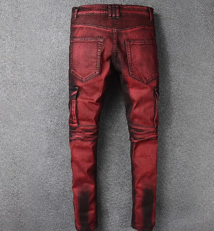 Herren Biker Jeans Multi Pocket Moto Hose Stretch dünne Burgundy Fracht Denim Distressed zerrissene Hose # 1043 Freies Verschiffen