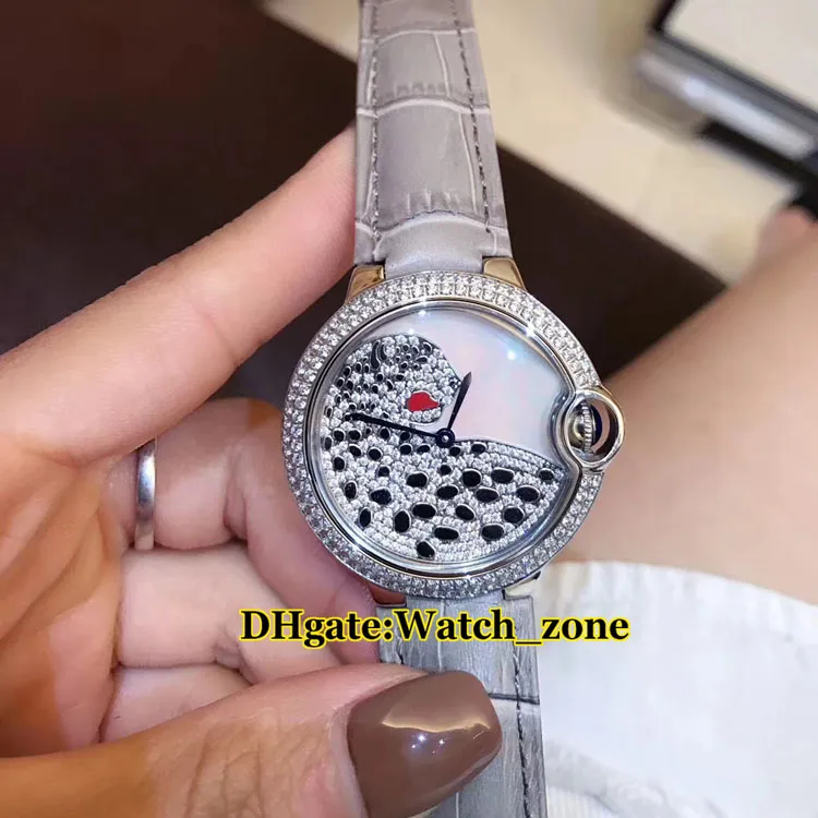 새로운 36mm 3D 다이아몬드 레오파드 다이얼 스위스 쿼츠 여자 시계 실버 다이아몬드 베젤 가죽 스트랩 패션 레이디 시계 아내 선물