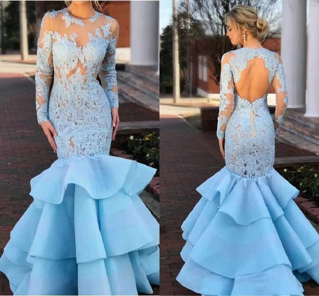 Robes De Bal De Style Sirène: Robe De Soirée À Orgue En Dentelle Bleu Ciel Clair  Avec Manches Longues, Décolleté De Bijoux Et Jupe En Queue De Poisson  Éblouissante Du 129 € | DHgate, image size:1024x950