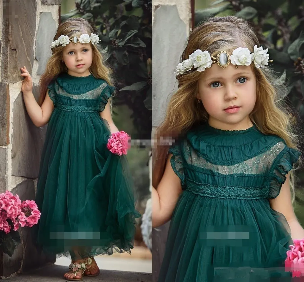 New Vintage Dark Green Lovely Flower Girls Dresses For Weddings Jewel Neck Applique Ruffles Tiered Tulle Ankle Length Kids Prom Dresses