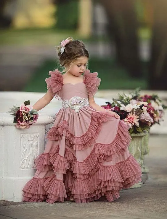 Robes à fleurs pour filles, manches coiffées, pour mariage, à plusieurs niveaux, robes de bal pour enfants, en dentelle, robe de première Communion, 2020