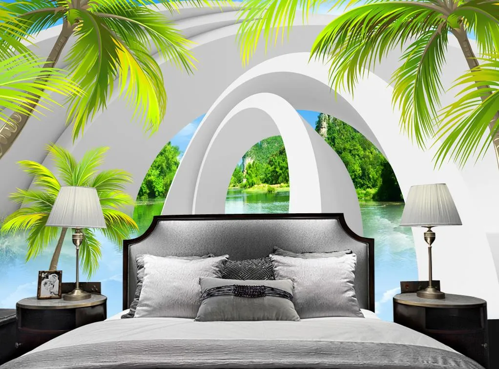 Пользовательские 3D стереоскопические обои кокосовое дерево пейзаж живущая комната стены фрески 3 D обои для стен для стен софы телевизор фона обои