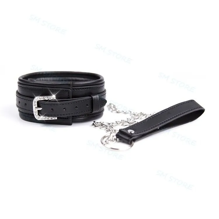 Bondage Black Faux Leather Schiavo restrittivo Collare con strass Collo a catena Guinzaglio Kinky Toy # R98