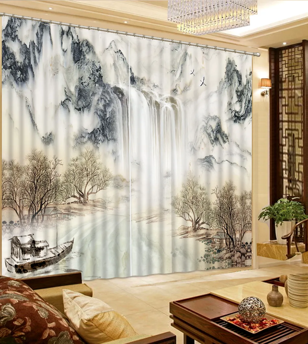 Rideau 3D avec peinture à l'encre de style chinois, pour chambre à coucher, fenêtre personnalisée, salon, décoration moderne