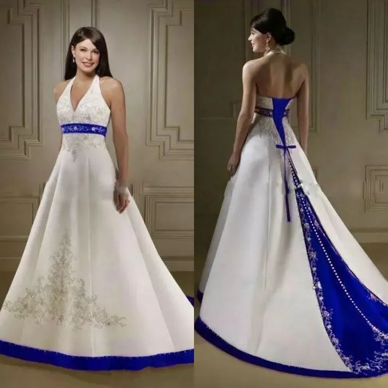 Vintage Branco e Royal Azul Uma linha Vestidos de Noiva Decote Halter Bordado Bordado Catin Capela Capela Capela Vestidos Bridais Robe de Mariée