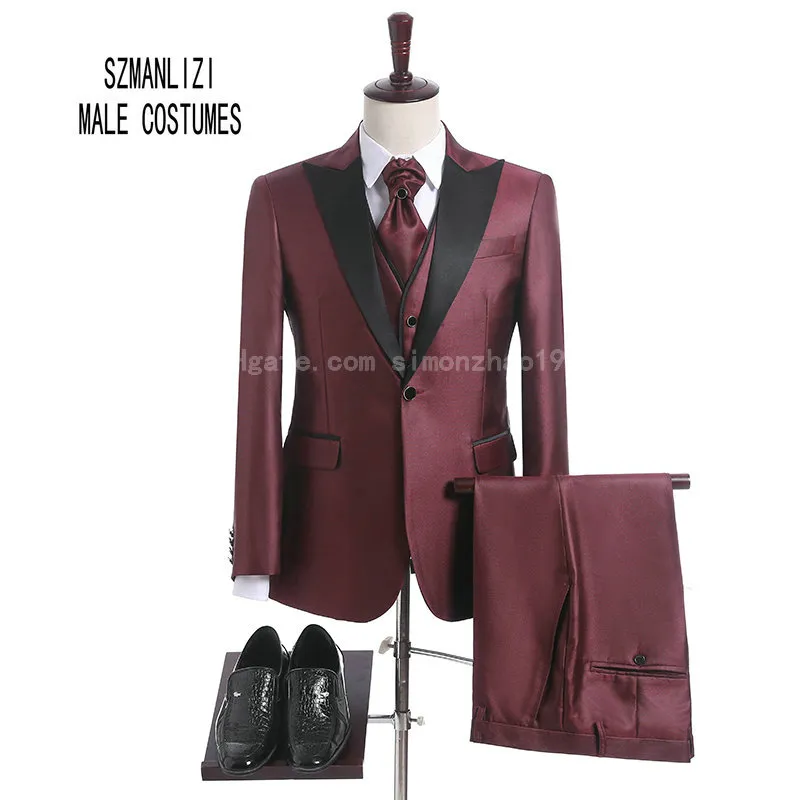 Brand Men Suit 2018 Custom Made Prom Wedding Suits For Men Peaked Slim Fit Burgundy Groom Suit Mens Tuxedos Bridegroom(Jacket+Vest+Pant+Tie)