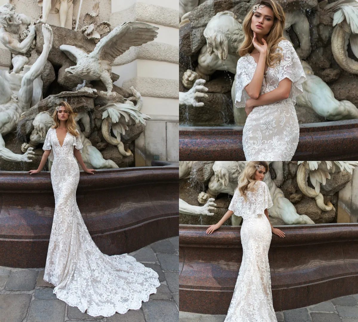 2018 Cristal Conception Sirène Robes De Mariée Col En V Profond Balayage Train Dentelle Tulle Appliques Bell Manches Pays Robe De Mariée Robe De Novia