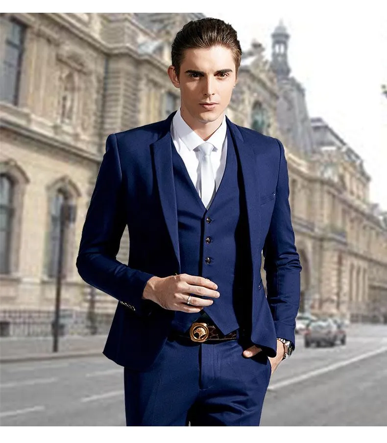 Nowy Design Navy Blue Groom Tuxedos Wysokiej Jakości Man Blazer Slim Fit One Button Men Business Dinner Prom Suit (Kurtka + Spodnie + Kamizelka + Kamizelka) 907