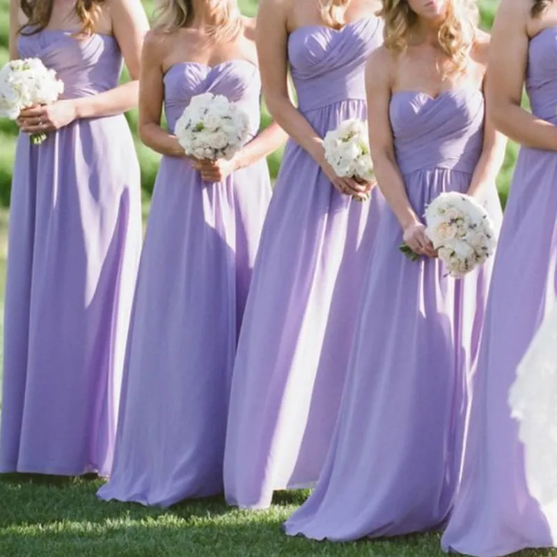 Robes de demoiselle d'honneur longues en mousseline de soie lavande sans bretelles chérie ruché A-ligne longueur de plancher robe de demoiselle d'honneur Boho Beach robes d'invité de mariage