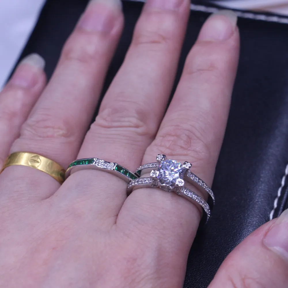 12 cores anéis de banda de casamento para mulheres homens verdes 5a zircão cz 925 esterlina prata birthstone feminino anel de nupcial conjunto de jóias