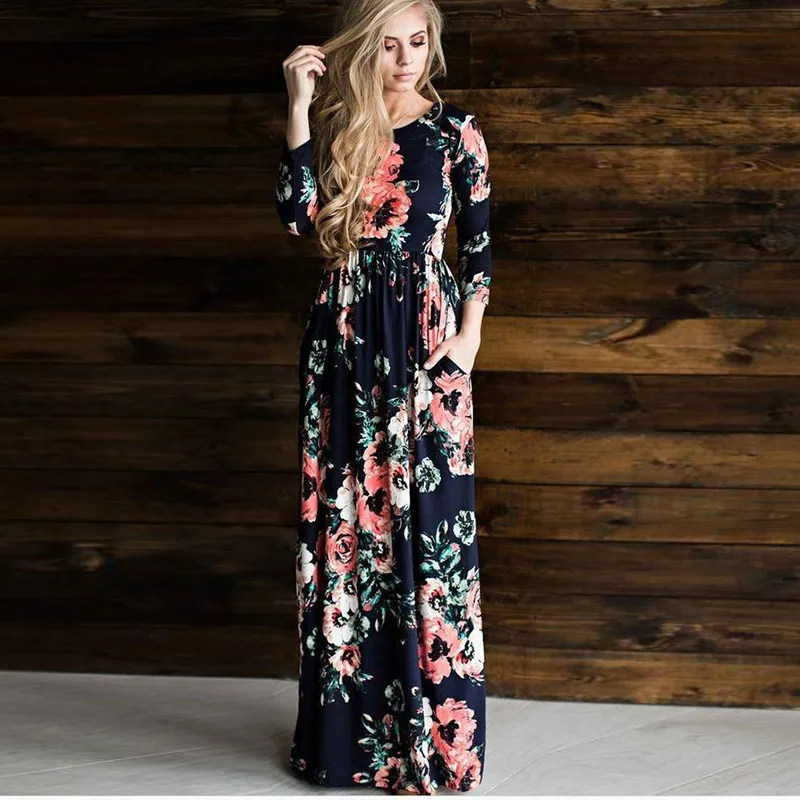 Women Sexy Long Sleeve Summer Fashion Style Long Party Dress Leisure Female Floral Print Dress Ladies Maxi Dress
