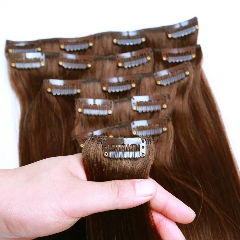 Brasilianische Echthaar-Clips in Haarverlängerungen, gerader Schuss, natürliche schwarze Farbe, braune Farboptionen, 160 g, 10 Stück, gratis DHL