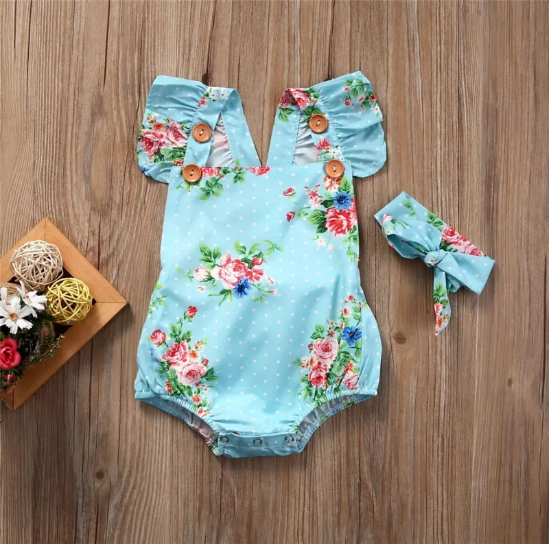 Noworodek Baby Girl Ubrania Lato Kwiat Romper Kombinezon Onesies + Pałąk 2 Sztuk Odzież Dostawy Boutique Stroje Dziewczyn Maluch 0-24m