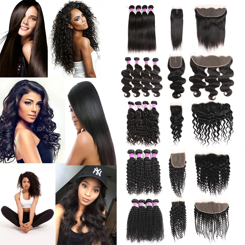 Brazilian Virgin Hair Vendors Straight Body Deep Water Wave Kinky Curly Human Hair Weave Bundles With Frontal Closure Hair Extensions Wefts