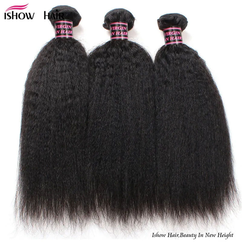 Ishow 8A Brazilian Virgin Hair Bundles Weft Kinky Yaki Straight 3 pcs Human Extension for Women All Ages Jet Black 8-28 inch