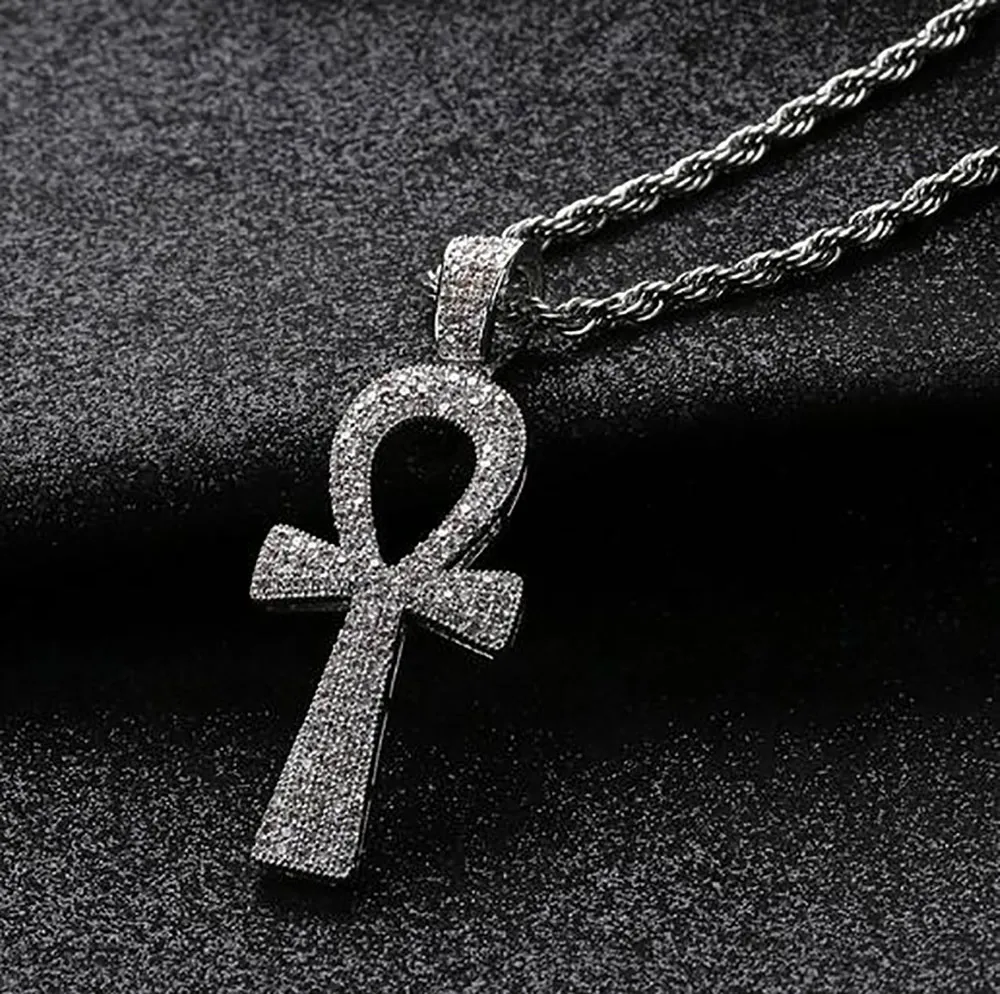 Mens Iced Out Egyptian Ankh Key of Life CZ Bling Ciondolo Micro Pave Cubic Zirconia Collana Hip Hop Gioielli in argento dorato con confezione regalo