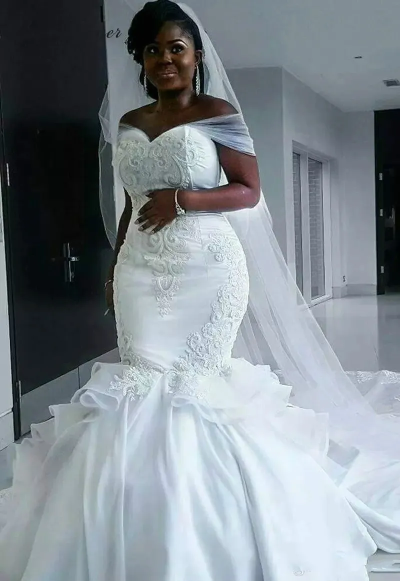 Real Pictures Mermaid Wedding Dresses Off Shoulder Africa Satin