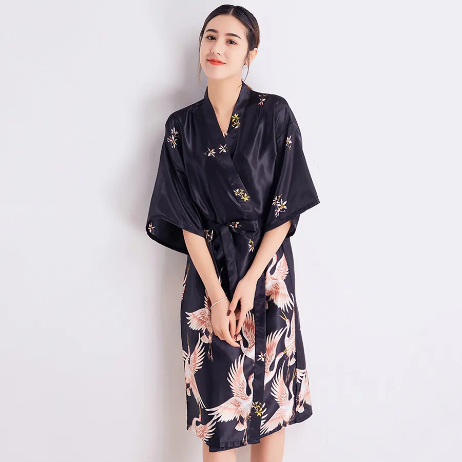 Wedding Bride Bridesmaid Dressing Gown Sexy BLACK Women Robe Summer Kimono Bathrobe Satin Nightgown Printed Home Dress M-XXL