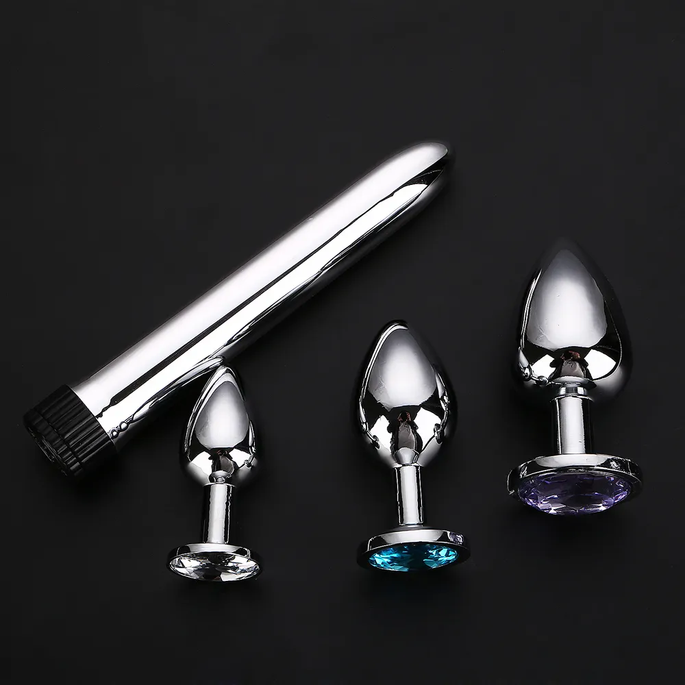 HUOFENG 4 pcs/Set Crystal Metal Anal Plugs Vibrator Sex Toys for Men Women Gay Anal Stainless Steel Plug Sex Vibrating Toys Y1892903