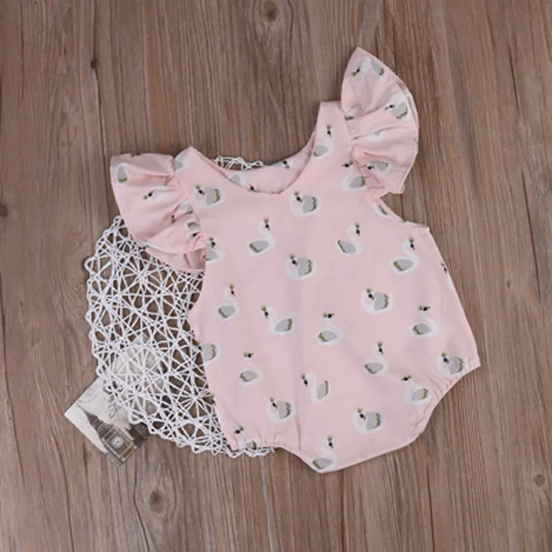 2018 Estate Neonato Vestiti Boutique bambini Abbigliamento Neonata Pagliaccetto Infant Toddler Pink Swan Stampa Pagliaccetto Tuta Abbigliamento Abiti