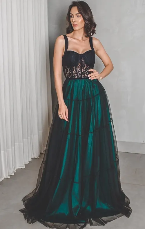 Grön och svart En linje Elegant Långkväll Formell Klänningar 2019 Sheer Lace Top Party Prom Dresses USA Vestidos de Fiesta