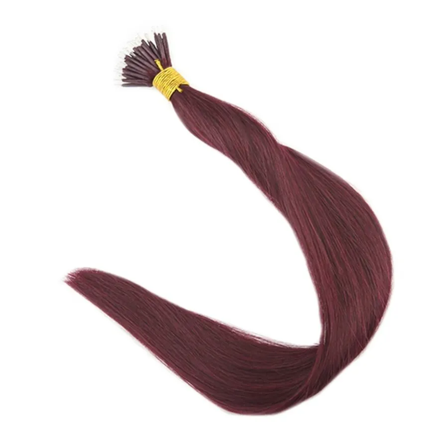 Elbess Hair -ed kolor wina # 99J 0.8g / Strand 200strands Prosty fala Nano Ring Human Hair Extensions