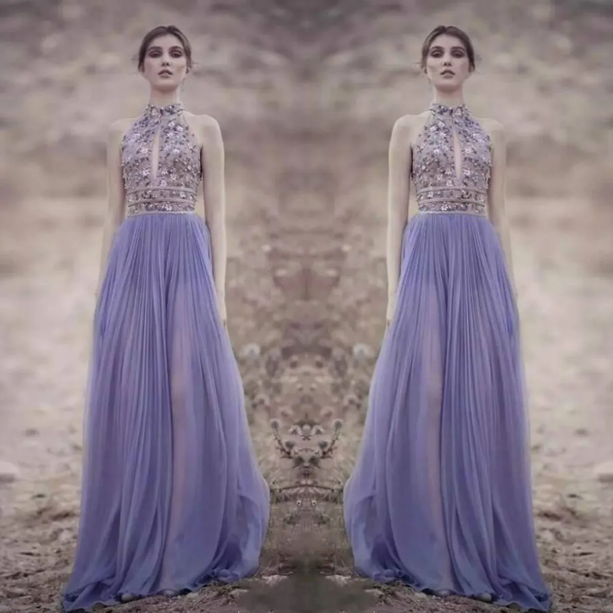 Rami Kadi 2018 Lavendel Prom Klänningar Halter Keyhole Neck Broderi Beaded Evening Klänningar Sexiga Illusion Kappor Skräddarsy