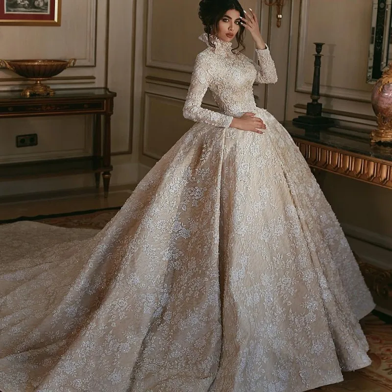 Fashion Saudi Arabia Wedding Dress High Neck Long Sleeves Beads Lace Ball Gown Bridal Dress Glamorous Chapel Train Wedding Dresses Plus Size