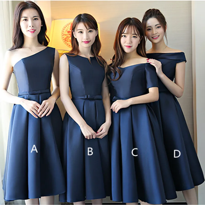 Satin Short Bridesmaid Dresses Navy Blue 2018 Knee Length Wedding Party Dress New Formal Gowns Lace Up