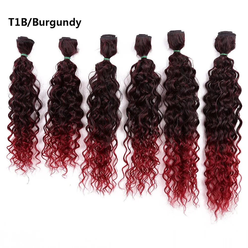 14-18in Jerry Curly Hair Weave Syntetisk Sy i hårförlängningar Ombre Rosa / Blonde / Bourgundry Bundlar 6PCS / Pack
