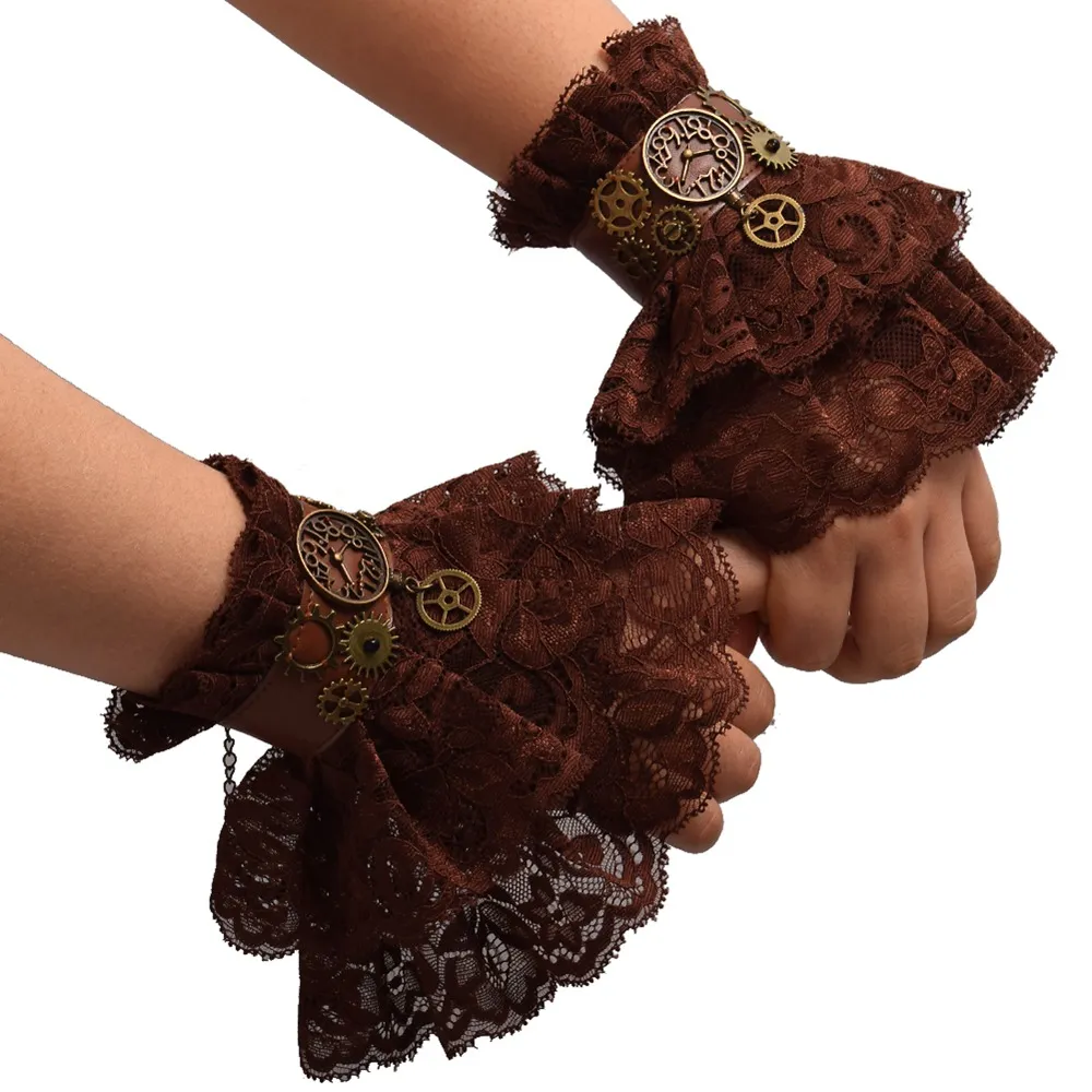 1 paar vrouwen Steampunk Gear Bruin Lace Pole Cuff Vintage Polsbandjes Party Cosplay Accessoire High Quality