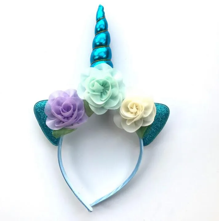 2018 Glitter Metalik Unicorn Kafa Kız Şifon Çiçekler Hairband Çocuklar Için yaprak çiçek Unicorn Boynuz Parti Saç Aksesuarları GA215