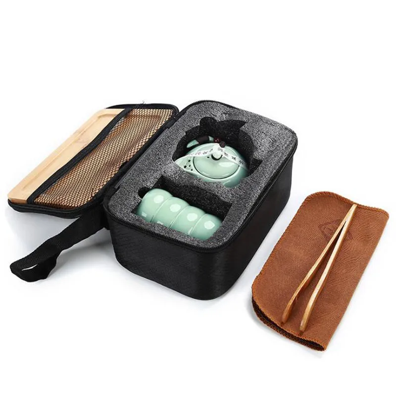 手作りの中華/日本のヴィンテージkungfu gongfu茶セット - 陶土のティーポット4ティーカップの竹ティートレイ携帯旅行バッグ