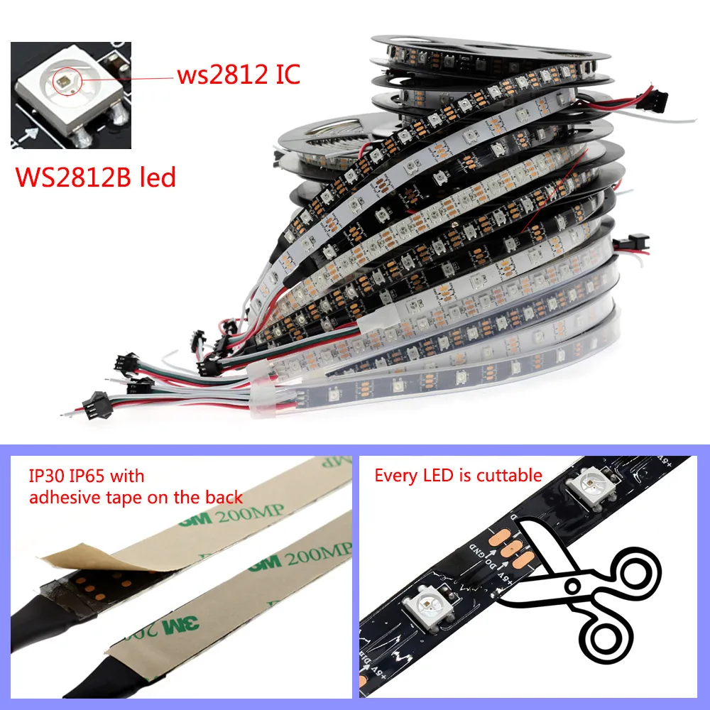 DC5V على حدة معالجة WS2812B LED شريط الضوء أبيض أسود PCB 144 بكسل SMART RGB 2812 LED شريط الشريط مقاوم للماء IP67