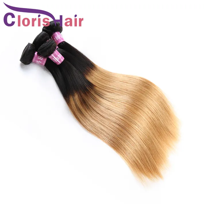 Racines foncées Miel Blonde Cheveux Raides Tisse Vierge Brésilienne Malaisienne Cheveux Humains 3 Faisceaux Ombre 1B27 Blonde Coudre Dans Les Extensions de Cheveux4204651