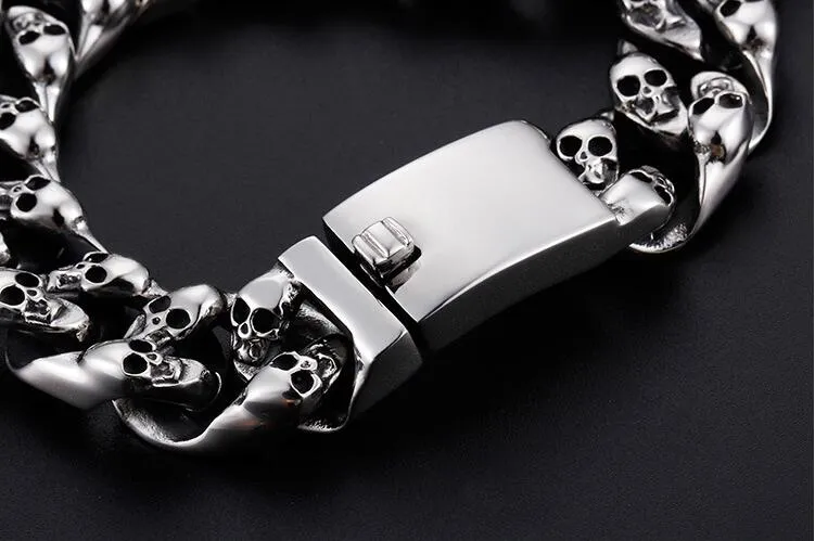 15mm Punk Rock Bike Chain Bracelet 316 Stainless Steel Skeleton Skull Charm Bracelets Hiphop Cool Men's Biker Wrap Bangle Jewelry