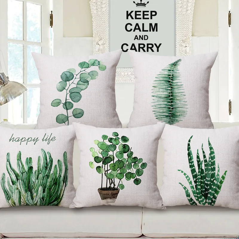 pot plant cushion cover high quality cotton linen chair chaise throw pillow case green leaves home decor cactus cojines almofada