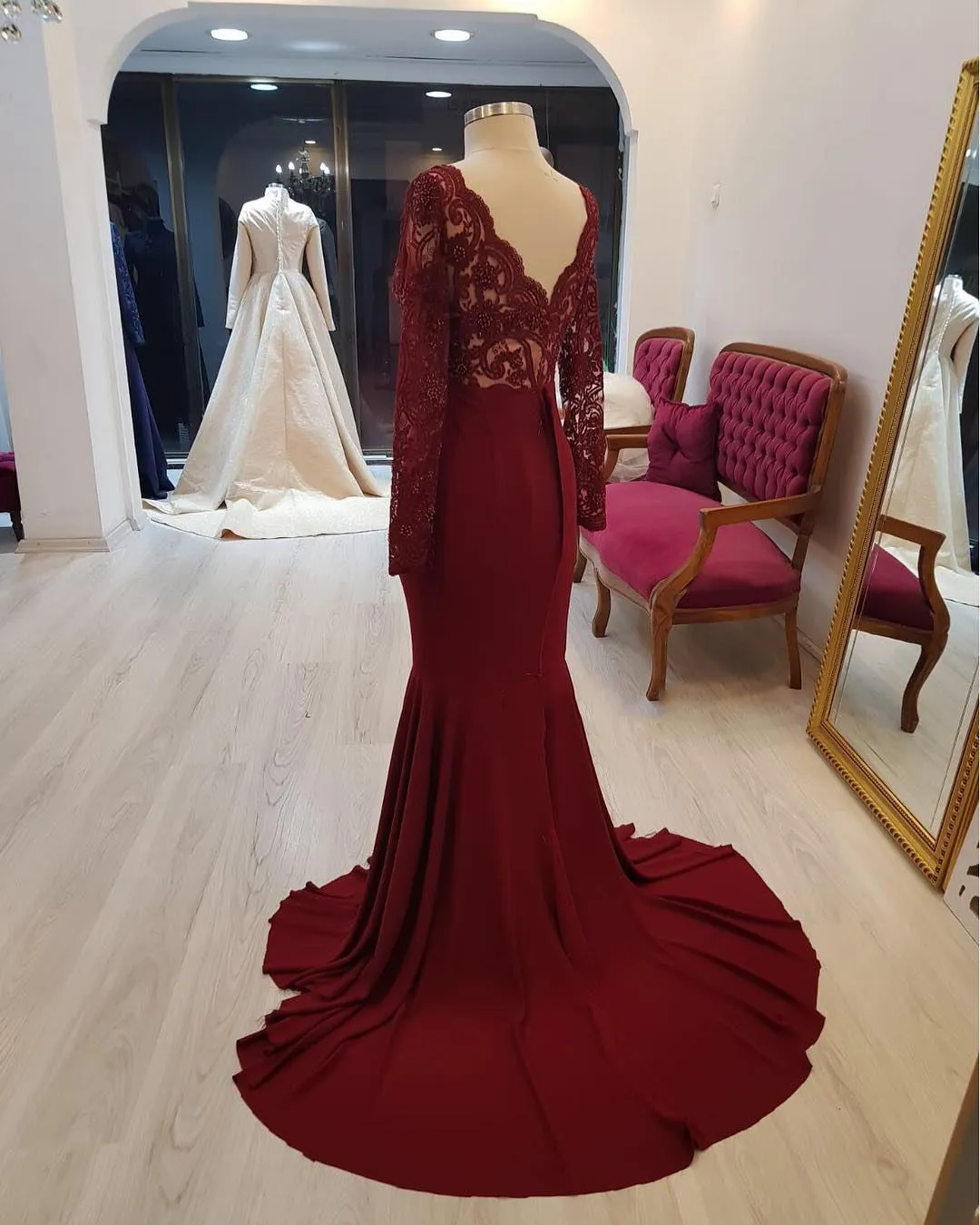 burgundy mermaid dress long sleeve 2023 Mermaid Burgundy Long Sleeves Stretchy Long With Appliques Prom  Dresses fg3135