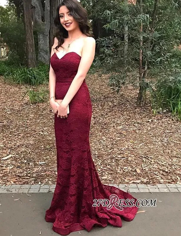 Elegante Bourgondië Zeemeermin Kant Bruidsmeisjes Jurken 2019 Goedkope Wijn Maid of Honour Wedding Guest Jurk Prom Party Jurken Custom Made BA6207