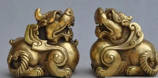 Japanese copper bronze guardian evil Brave troops Pixiu animal beast statue pair