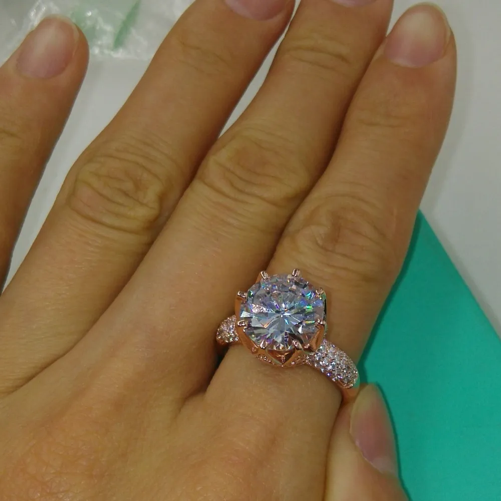 Choucongローズゴールドリングラウンドカット8ct Stone 5aジルコンCZ 925スターリングシルバー女性の婚約結婚式のバンドリング