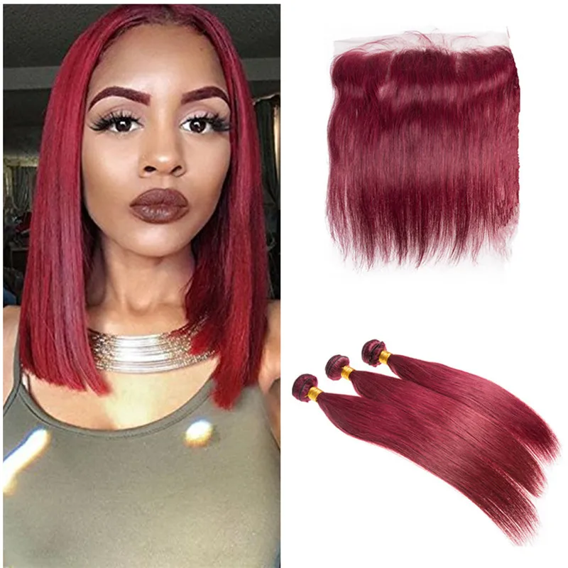 Fasci di tessuto bordeaux capelli umani malesi vergini con chiusura frontale dritto # 99J capelli umani rosso vino intrecciati con frontale in pizzo pieno 13x4