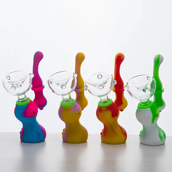 Verschiedene Farben Mini Protable Silikon Bongs mit Glasschüssel Silikon Bubbler Wasserpfeife Banger Aufhänger Kleine Bohrinseln Dab Rig 488