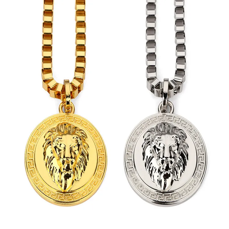 Fashion 18k guld silverpläterad lejonmedaljong huvud hänger hiphop franco långa halsband guldkedja för mens bijouterie hög kvalitet ..