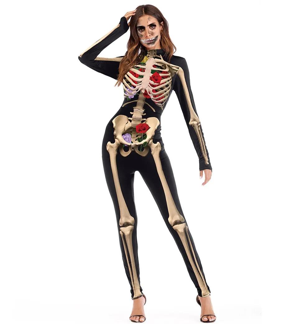 Halloween Costume Womens Skeleton Rose Print Scary Costume Black Skinny Jumpsuit Bodysuit Halloween Cosplay Suit For Women Sexy Costume