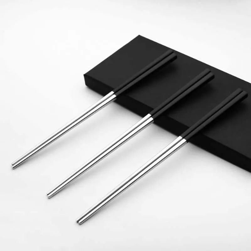 Hela 304 rostfritt stållegeringar av ätpinnar Höggradsskärm Black Gold och Silver Square Nonslip Gilded Chopsticks6456429