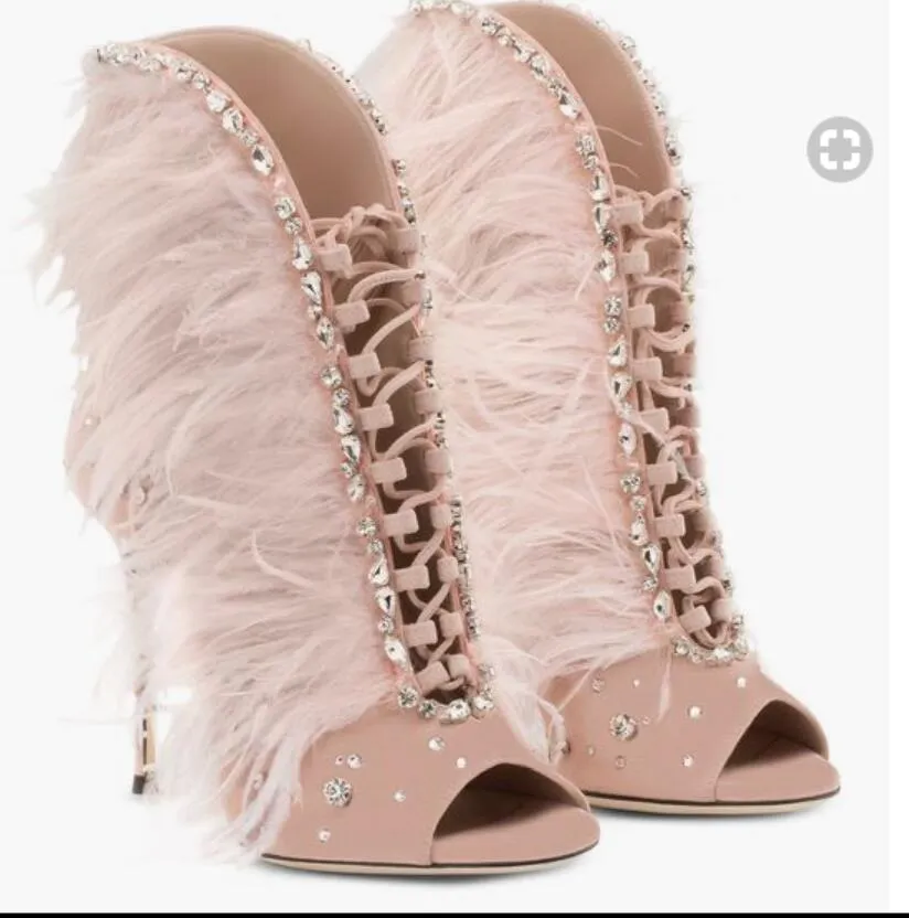 2018 nouvelles femmes bottes d'été à talons fins bottines peep toe chaussons couleur rose strass bottes dames chaussures de soirée à lacets chaussons de plumes